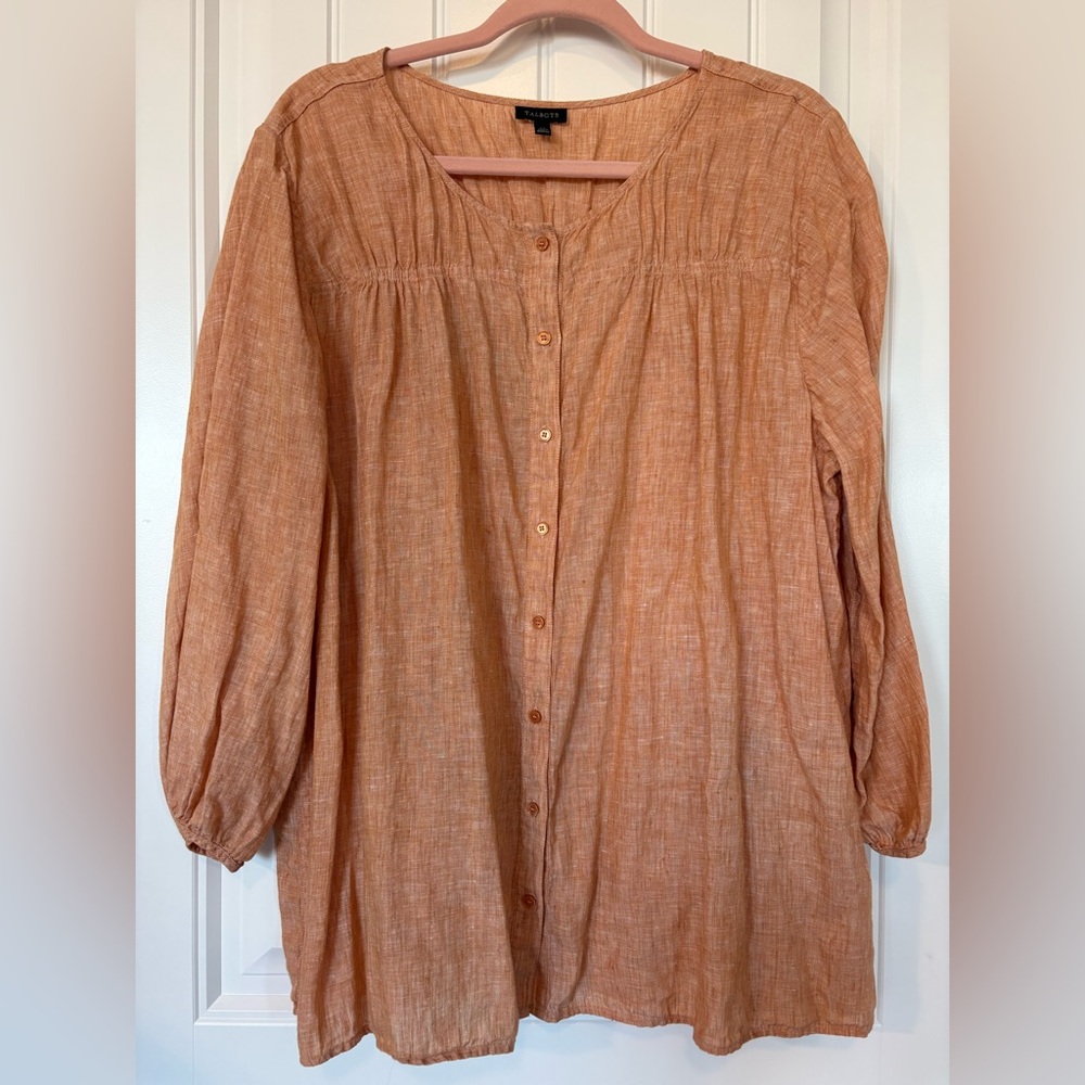 TALBOTS 100% Linen XL button down smocked detail. Pale burnt orange salmon